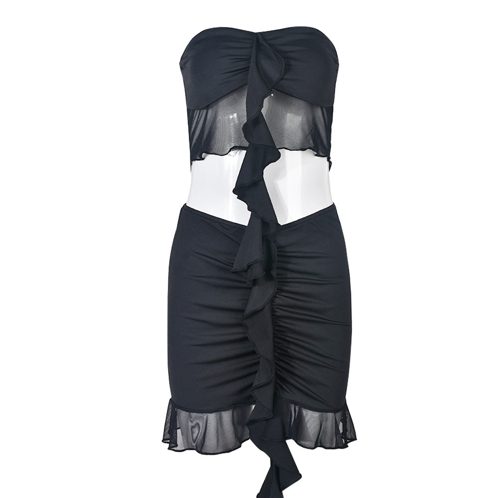 Women Clothing Spring Corset Mesh See through Sexy Skirt Set