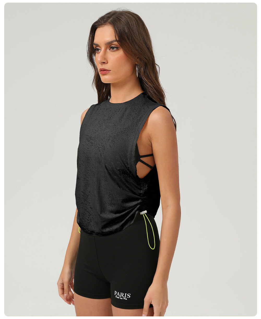 Breathable Yoga Exercise Vest Women Summer Loose round Neck Sleeveless Sports Top Drawstring at Hem Jacquard Blouse