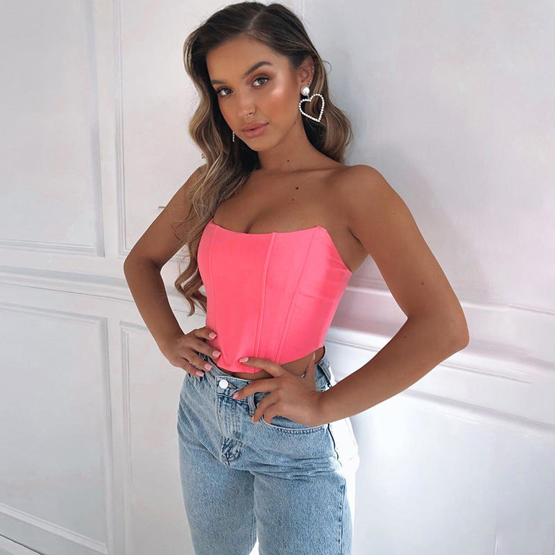 Glossy Satin Curved Chest-Wrapped Women -Style Cute Sexy Backless Navel-Exposed off-Neck Slim Top