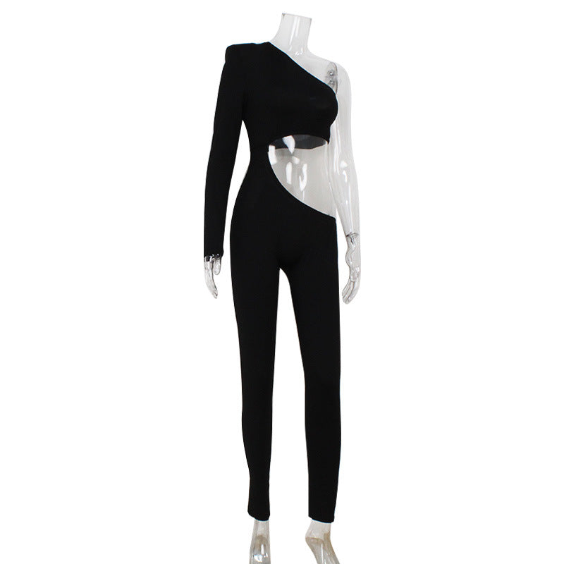Sexy Women Clothing Diagonal Collar Hollow Out Cutout out Slim Fit Skinny Jumpsuit Trousers