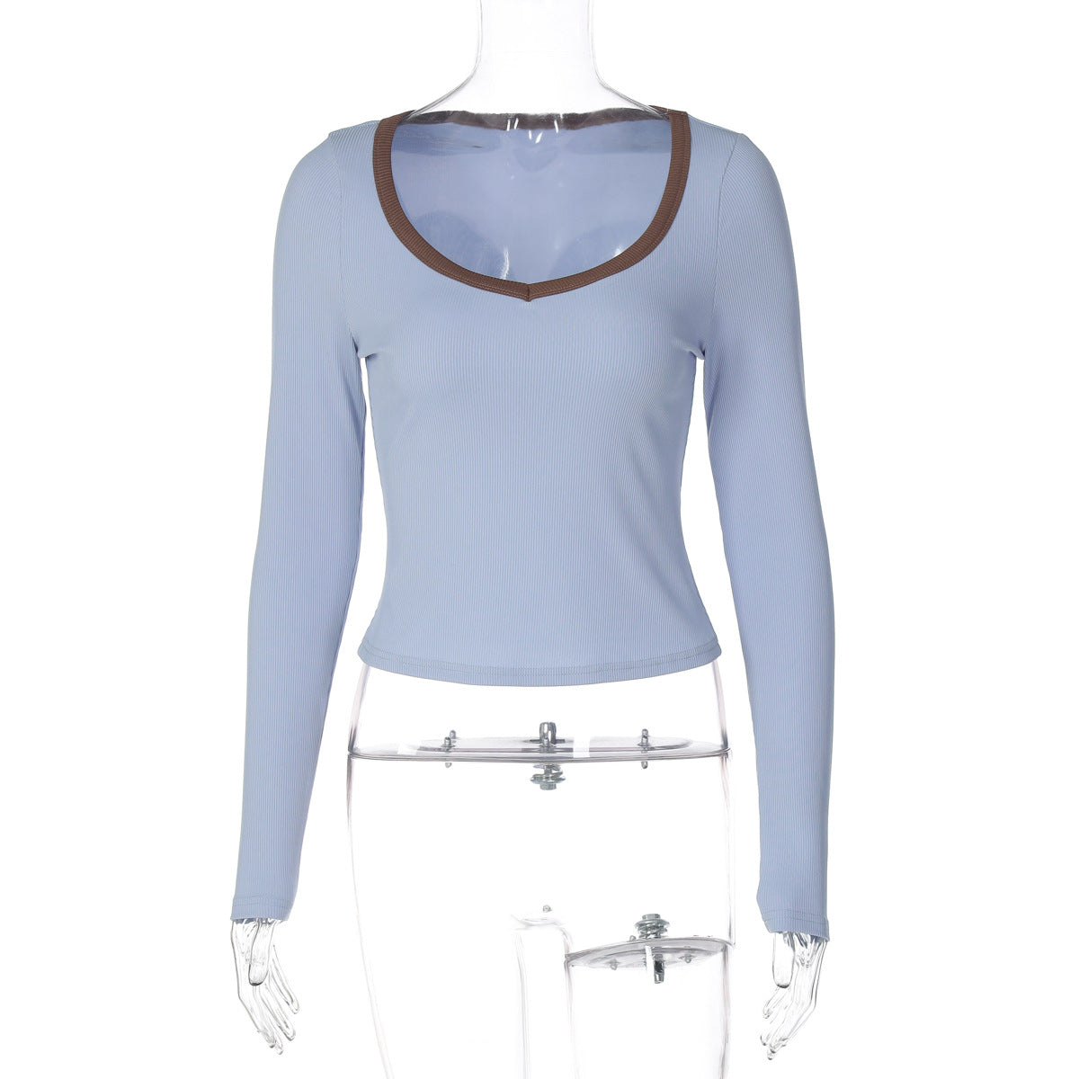 Women Clothing Winter Contrast Color V neck Slim Fit Pullover Casual Long Sleeve T shirt