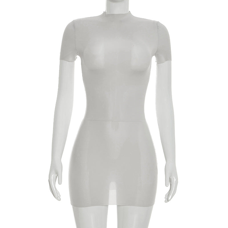 Women Clothing Summer Solid Color Sexy See through round Neck Short Sleeve Slim Fitting Basic Dress