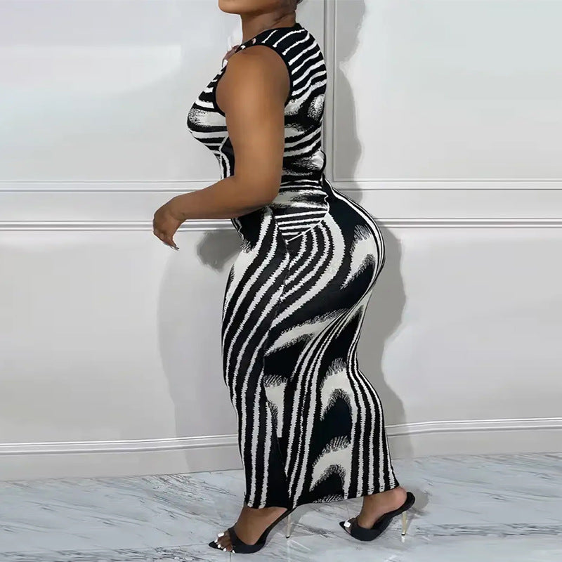 Plus Size Women Irregular Asymmetric Striped Sleeveless Round Neck Fit Dress