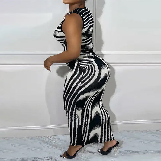 Plus Size Women Irregular Asymmetric Striped Sleeveless Round Neck Fit Dress