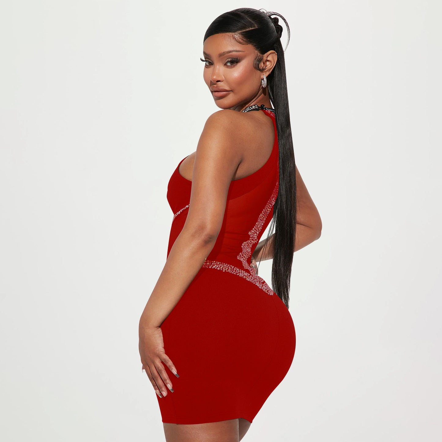 Summer Women Clothing Sexy Tight Hollow Out Cutout Rhinestone Halter Dress for Women