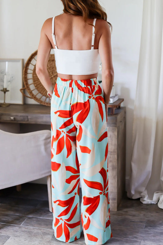 Summer Leaf Printing Wide Leg Casual Pants Ladies High Waist Straight Leg Pants