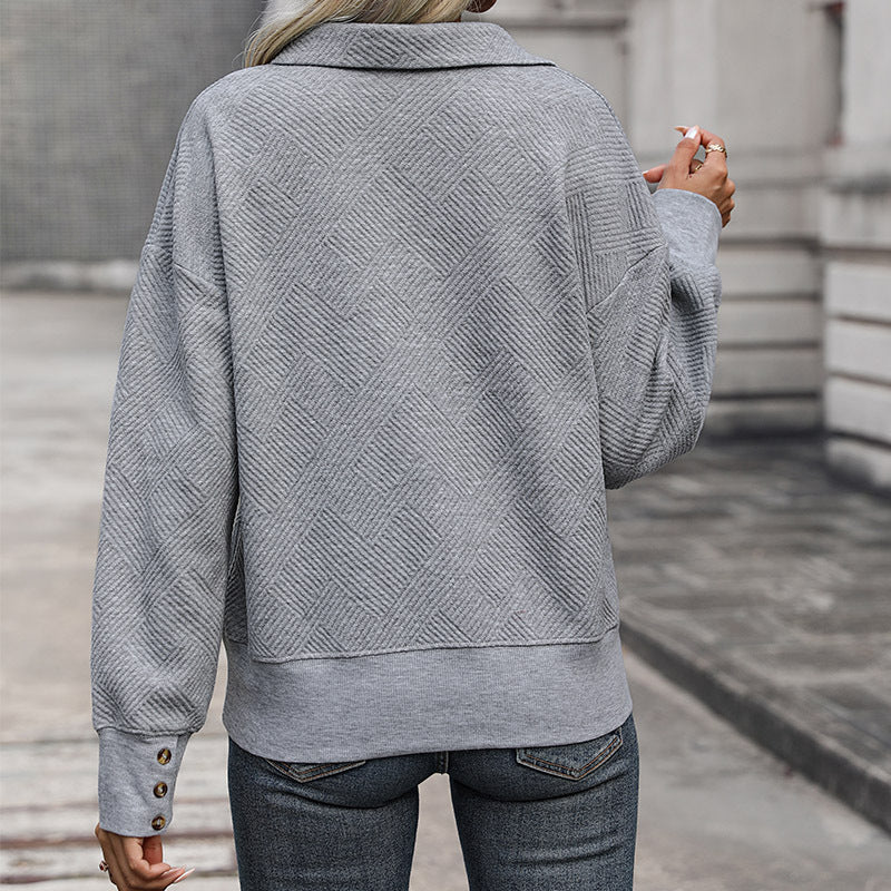 Autumn Women Clothing Gray with Turn down Collar Sweatshirt