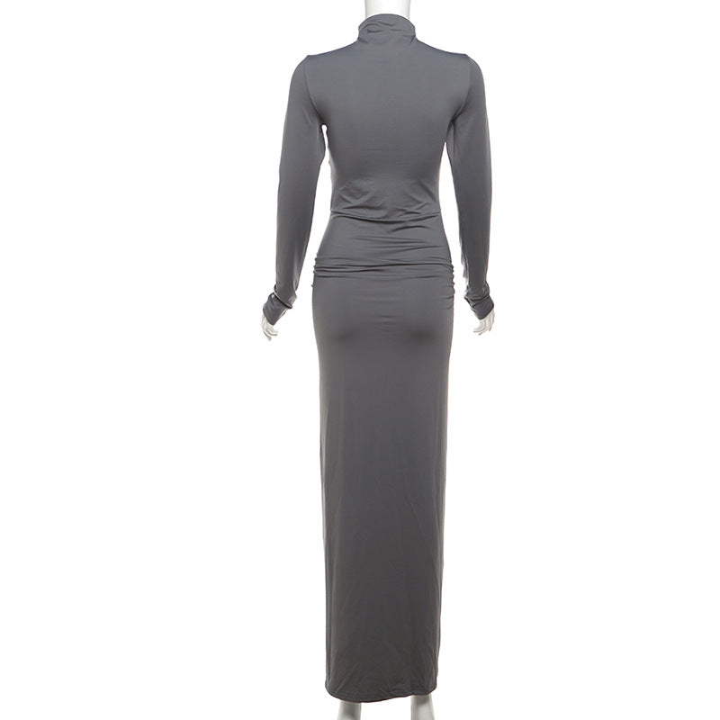 Autumn Winter Sexy Slimming Beam Waist Solid Color Maxi Dress Pleated Dress Women