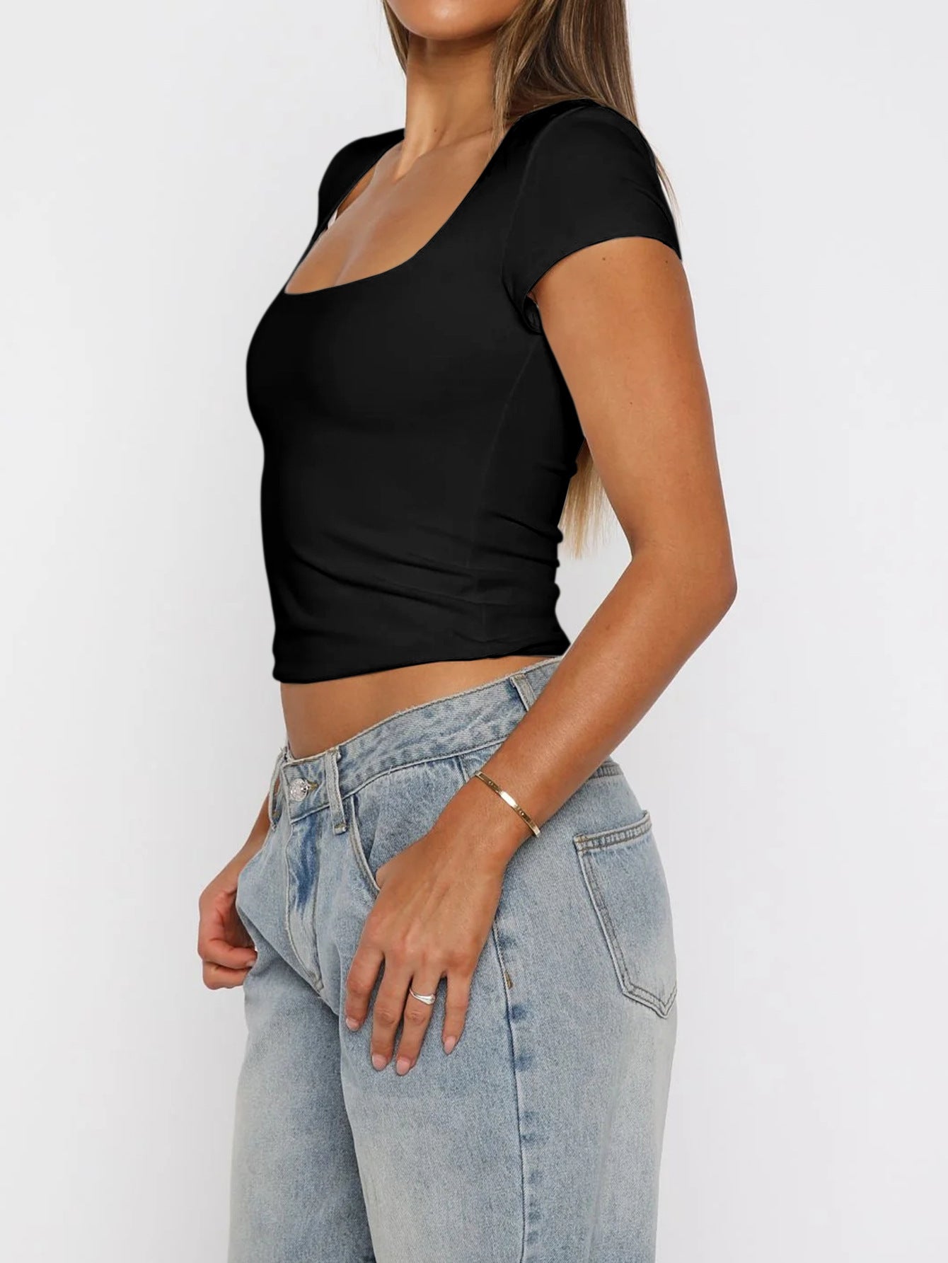 Women Clothing Summer Sexy All Match Solid Color Short Sleeved Top T shirt