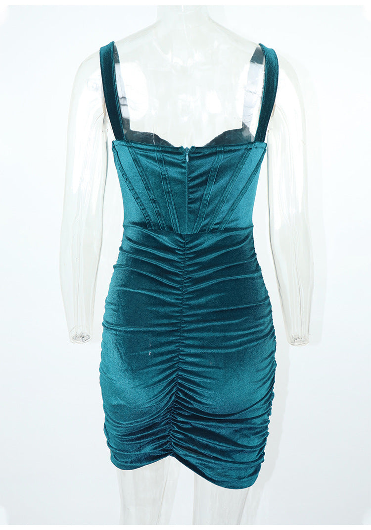 Pleuche Spaghetti Strap Dress Women Imitation Boning Corset Design Pleated Nipped Waist Hip Women