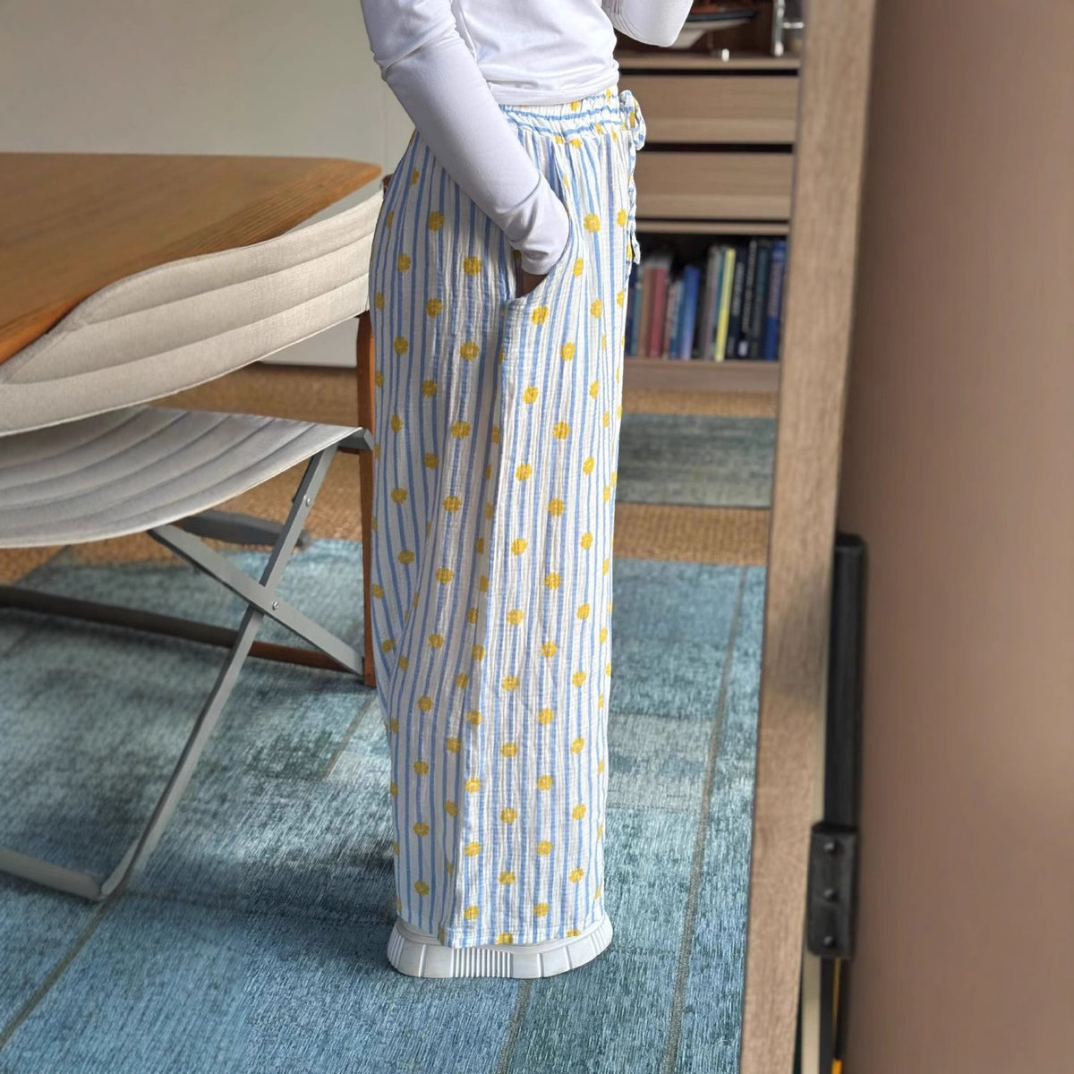 Thin Striped Printed Women Casual Pants Summer Drawstring Straight Loose Wide Leg Mop Pants