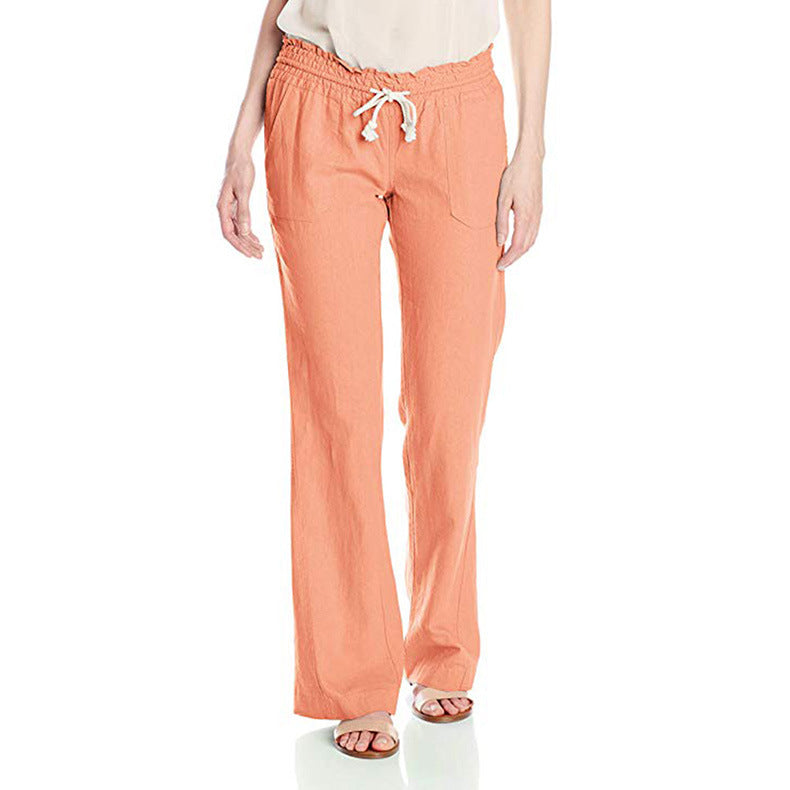 New Soft Cotton Linen Women Pants Solid Color Tied Loose Casual Wide-Leg Trousers Women