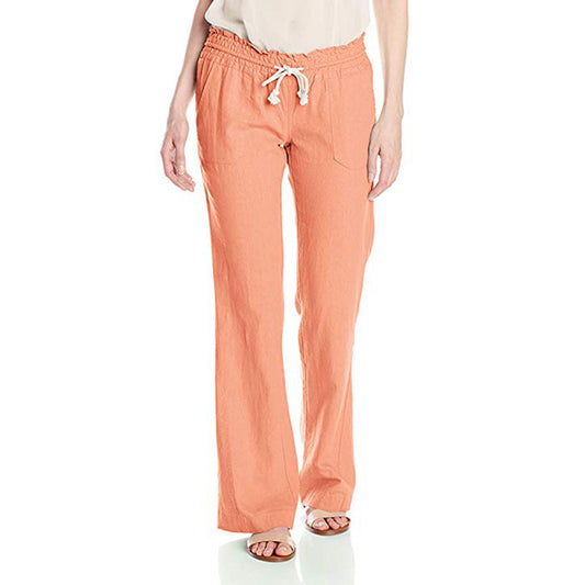 New Soft Cotton Linen Women Pants Solid Color Tied Loose Casual Wide-Leg Trousers Women
