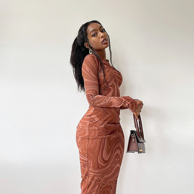 Women Clothing Autumn Winter Print round Neck Long Sleeve Slim Mid Length Dress