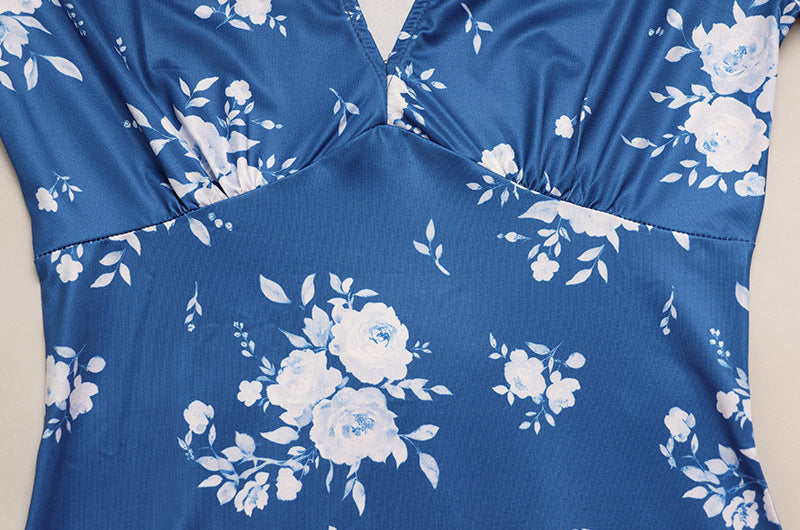Floral Print Elegant V neck Summer Slim Fit Lightweight Thin Long Sleeve Dress Klein Blue Dress
