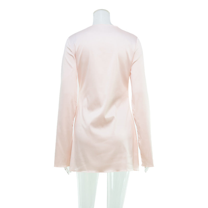 Fashionable Elegant Women Casual Loose round Neck Long Sleeve Satin Comfortable Dress Short