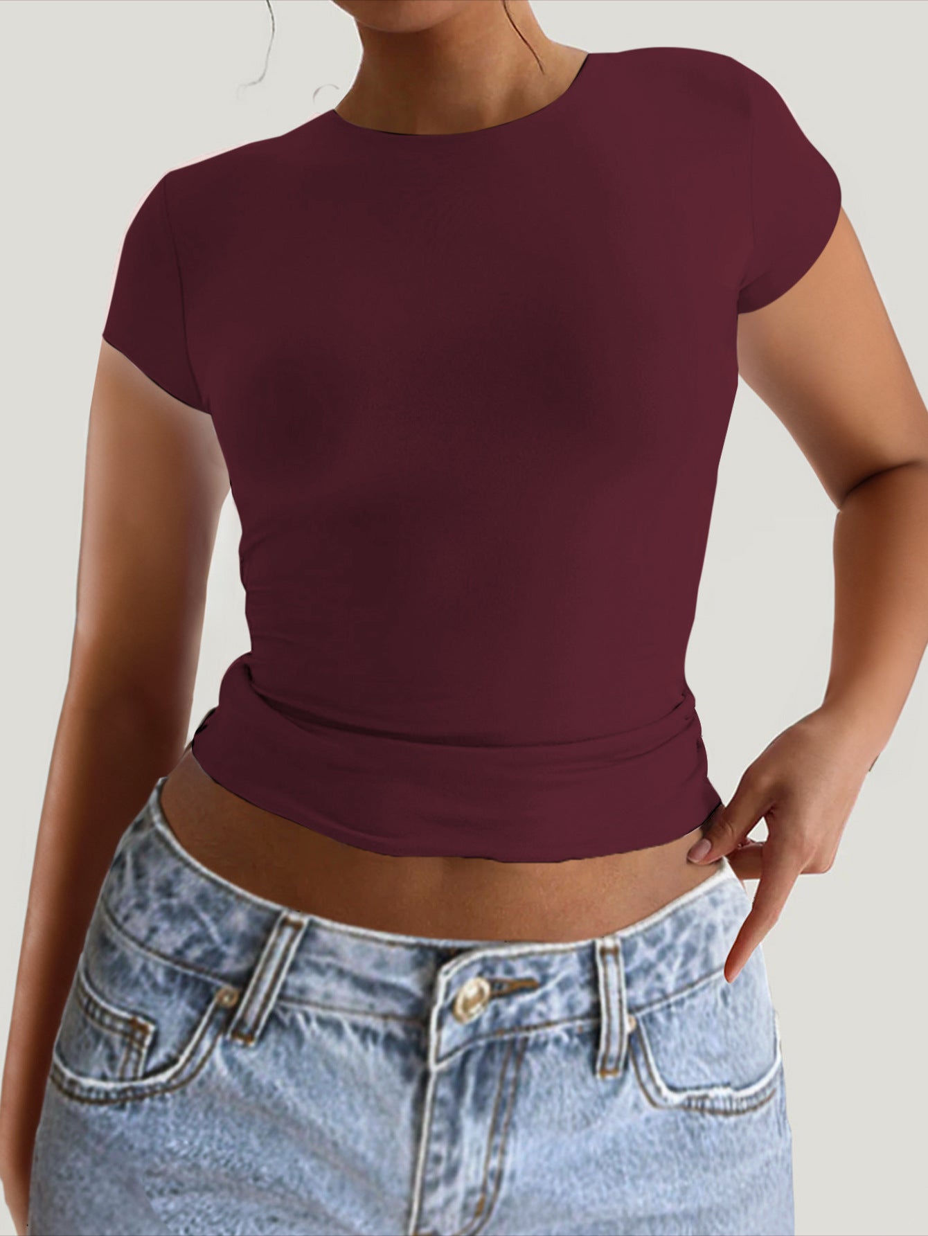 Spring Summer Solid Color round Neck Exposed Back Short Sleeve Sexy Slim Top T shirt Women Clothing