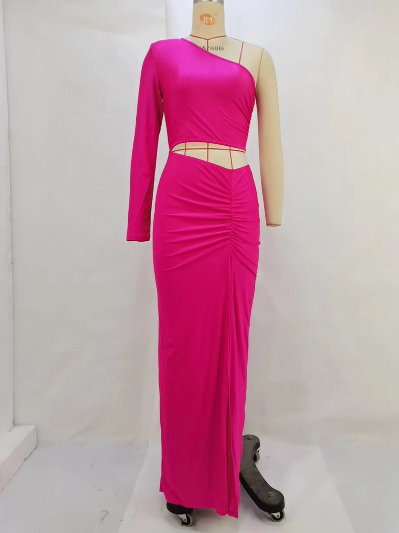 Women Sexy Oblique Shoulder Single Sleeve Pleated Cropped Outfit Split Mid Length Women Dress