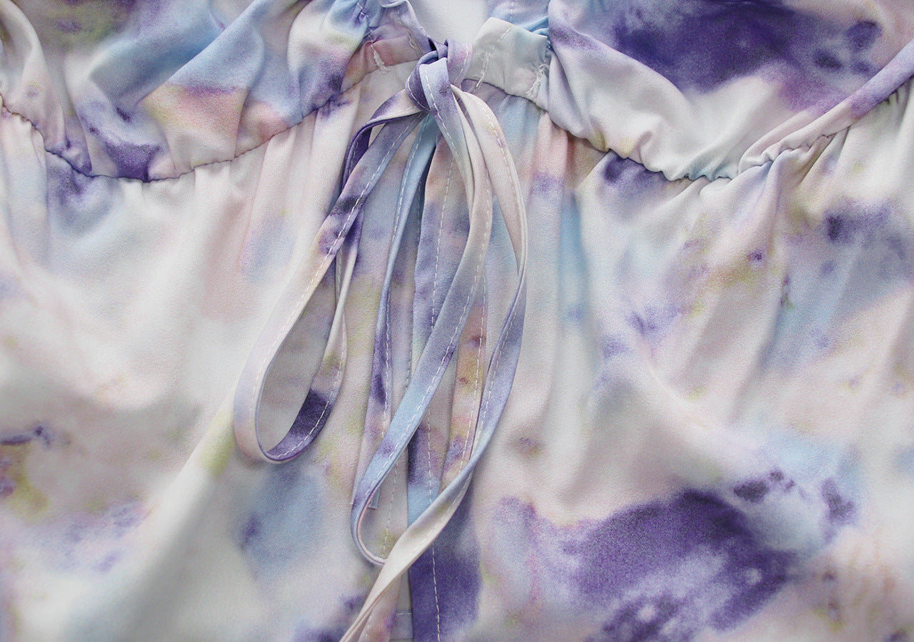Summer Sexy Tie Dyed Home Wear Ruffled Pajamas Suit Casual Lace Up Outer Shirt Shorts Two Piece Suit
