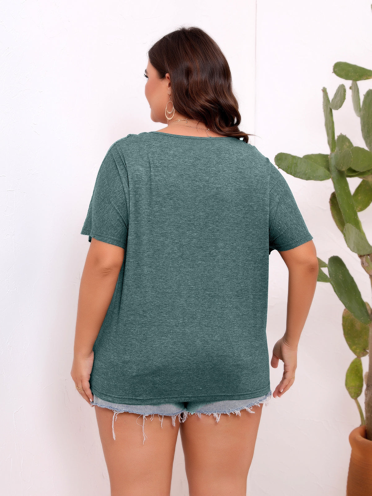 Loose Cutout Lace Stitching Solid Color V neck Short Sleeve