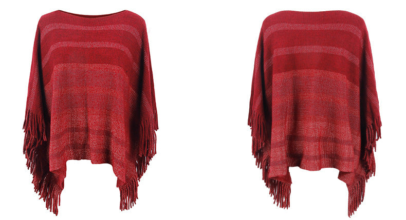 off Neck Tassel Shawl Women Autumn Contrast Color Striped Cape Coat
