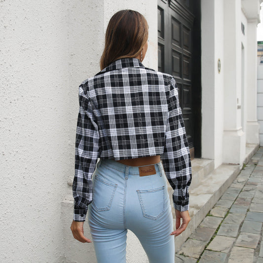 Plaid Zebra Print Pocket Long Sleeve Shirt Cropped Top Thin Outerwear Women Women Clothing Outerwear