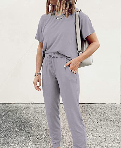 Autumn Winter Women Clothing Home Loose Solid Color Short Sleeve Casual Suit Women