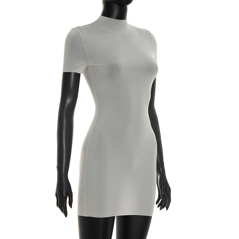 Women Clothing Summer Solid Color Sexy See through round Neck Short Sleeve Slim Fitting Basic Dress