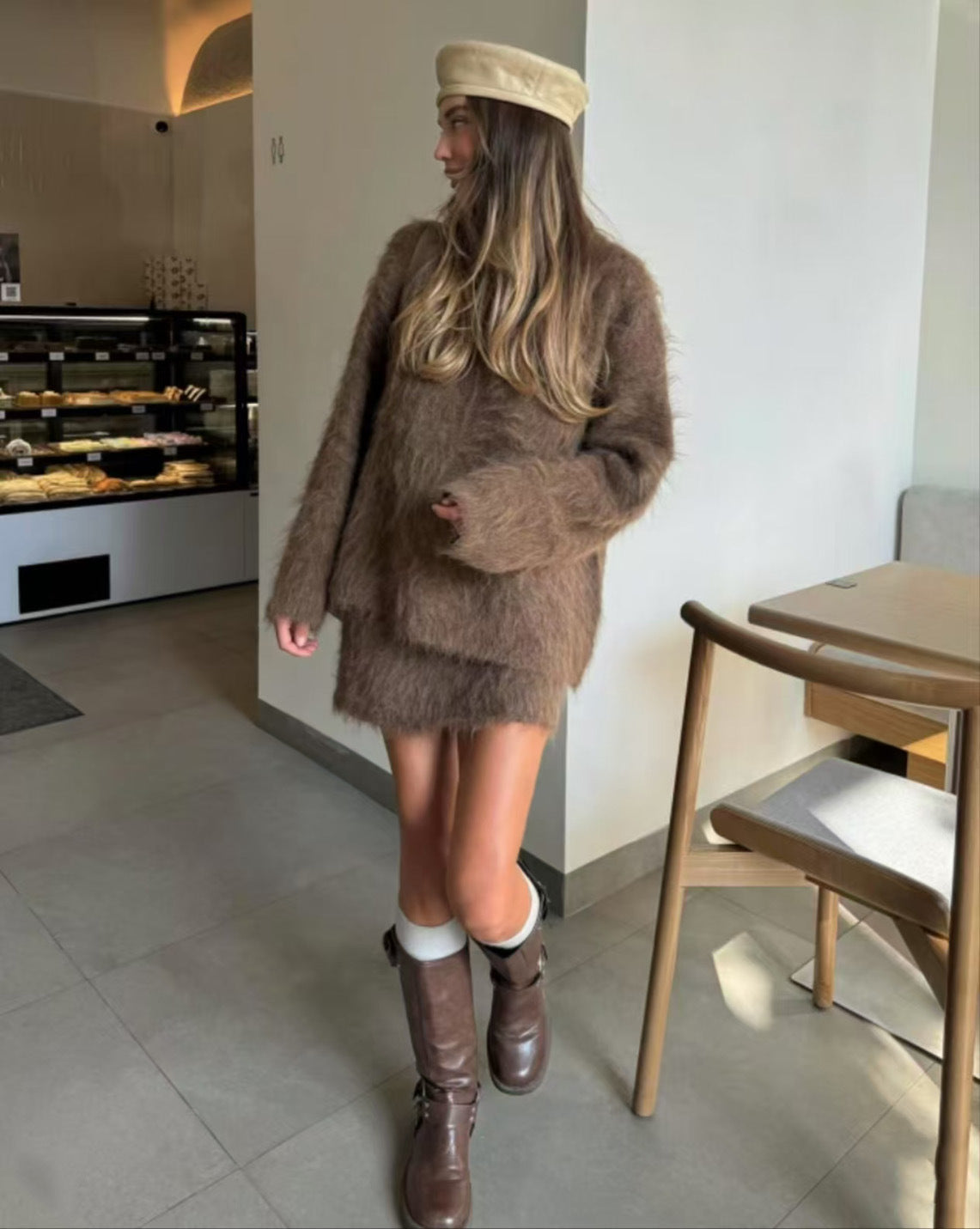 Autumn Winter Lazy Wind Long Wool round Neck Long Sleeve Short Skirt Two Piece Sets