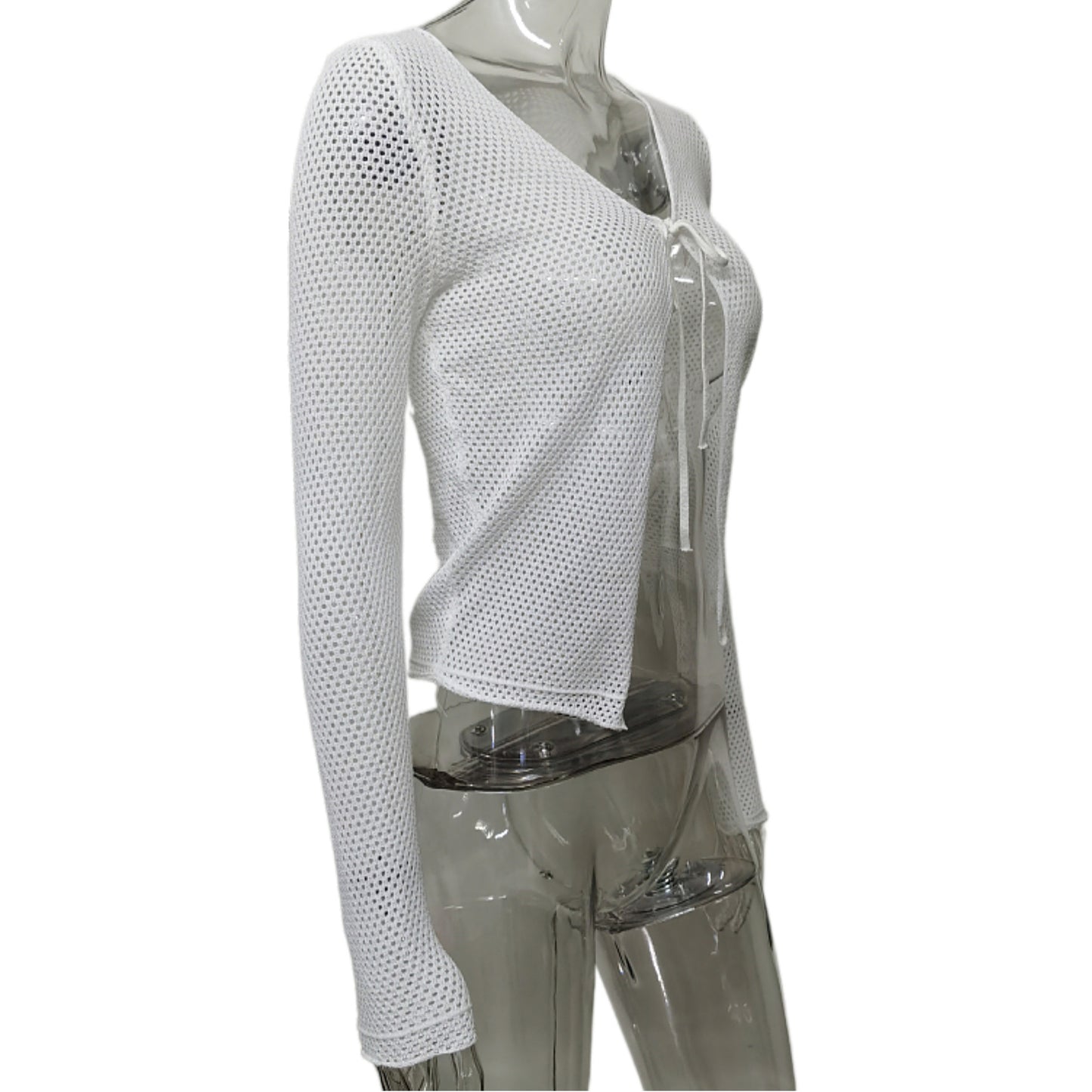 Sweater Cardigan Knitted U Collar Hollow Out Cutout Solid Color Bow Bandage Outer Wear Long Sleeve Women Top