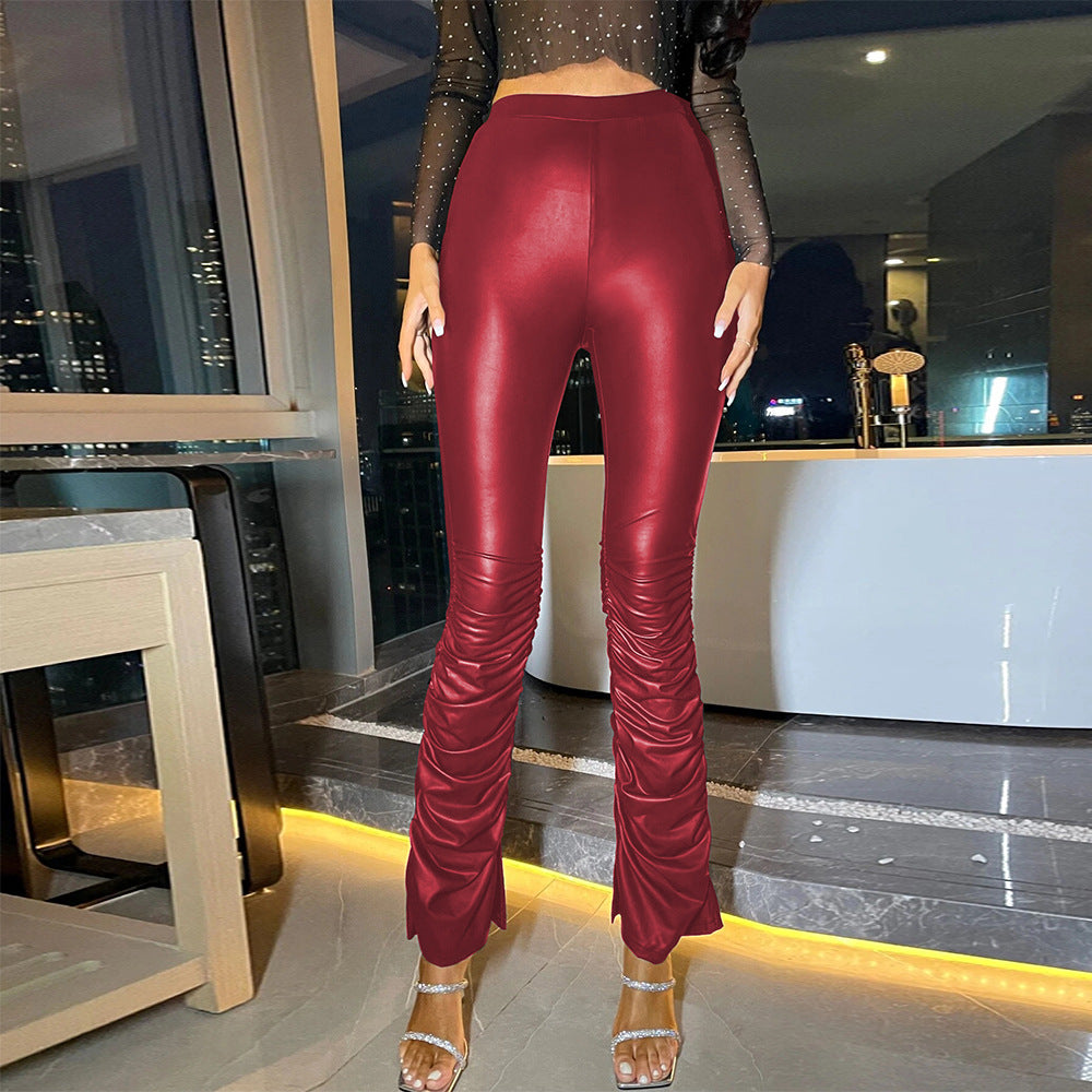 Women Sexy High Waist Tight Leather Stacked Pants