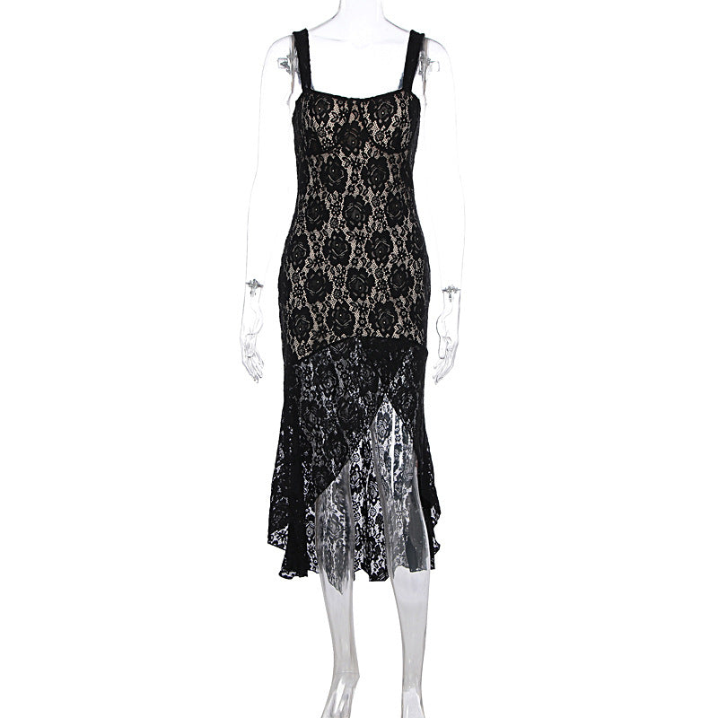 Women Clothing Sexy Lace Sling Slim Fit See through Split High Grade Dress Women