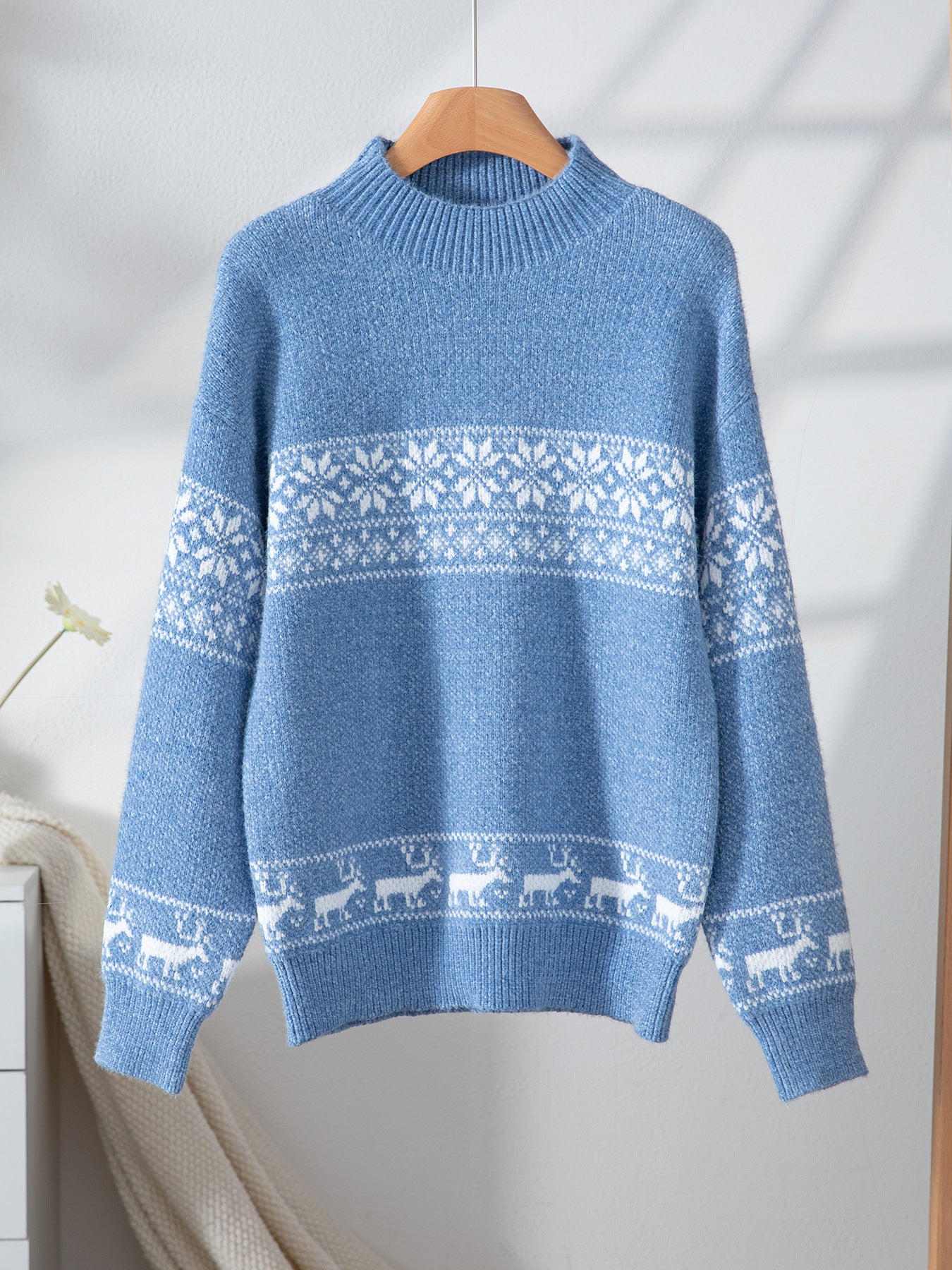 Christmas Snowflake Brocade Sweater Women Autumn Winter Half Turtleneck Pullover Long Sleeve Sweater