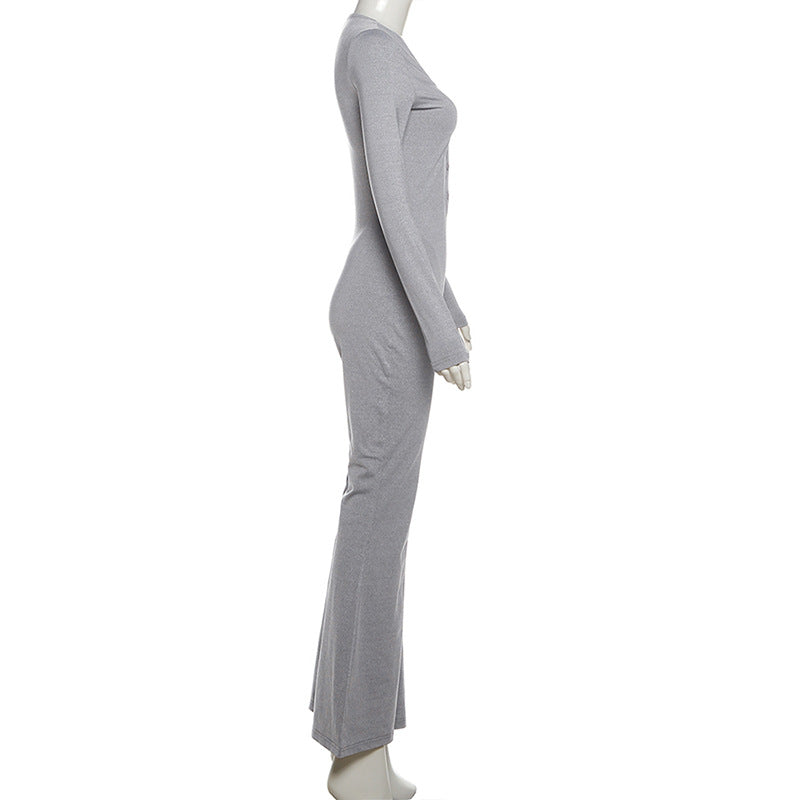 Women Clothing Autumn Solid Color V neck Button Tight Long Sleeve High Waist Micro Pull Jumpsuit