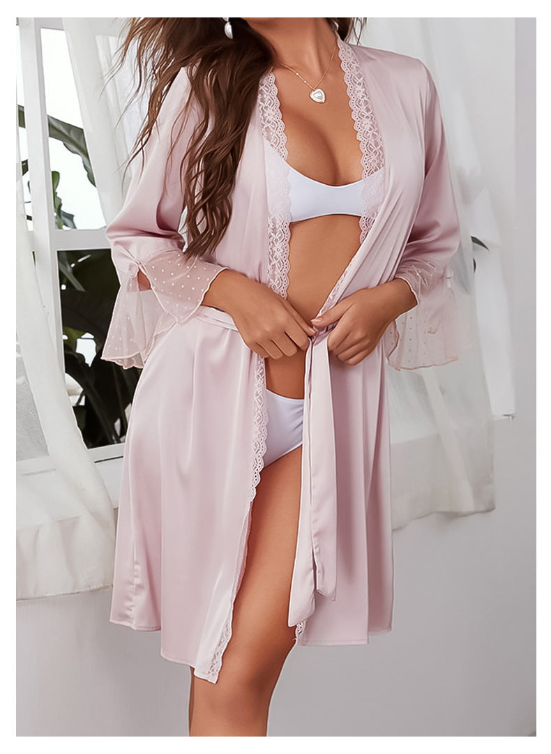 Summer Artificial Silk Sexy Seduction Deep V Plunge Lace Outerwear Gown Lace up Nightgown Bathrobe Women Pajamas