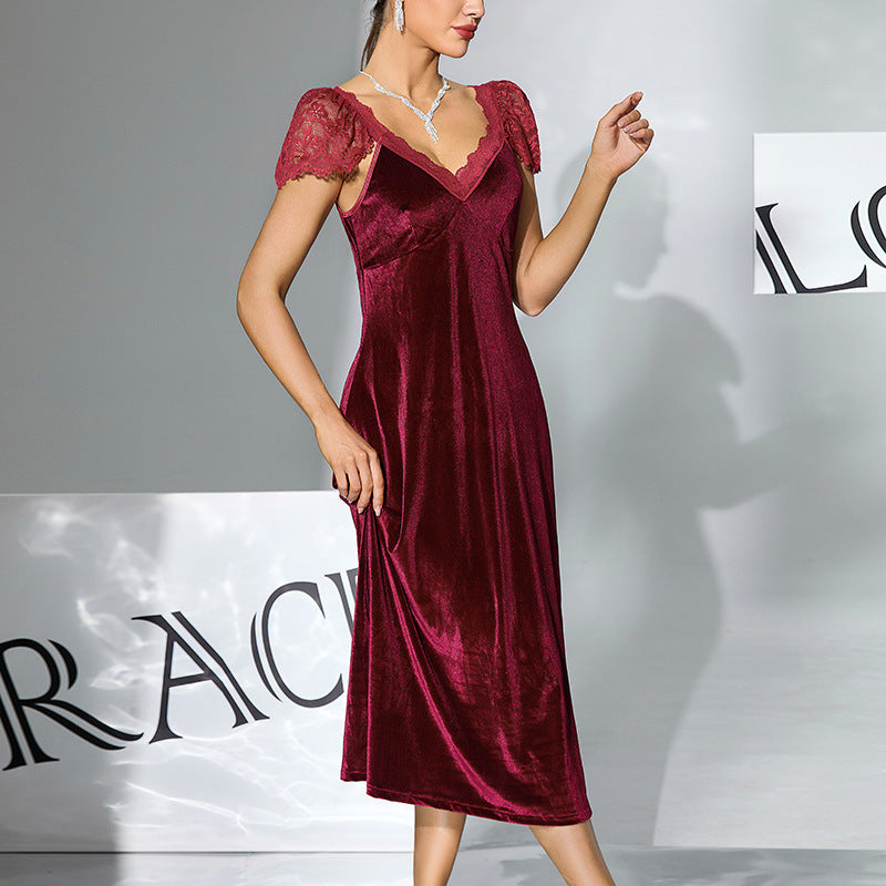 Elegant Velvet Lace Nightdress Burgundy V neck Mid Length Sexy Ladies Sleeping Dress