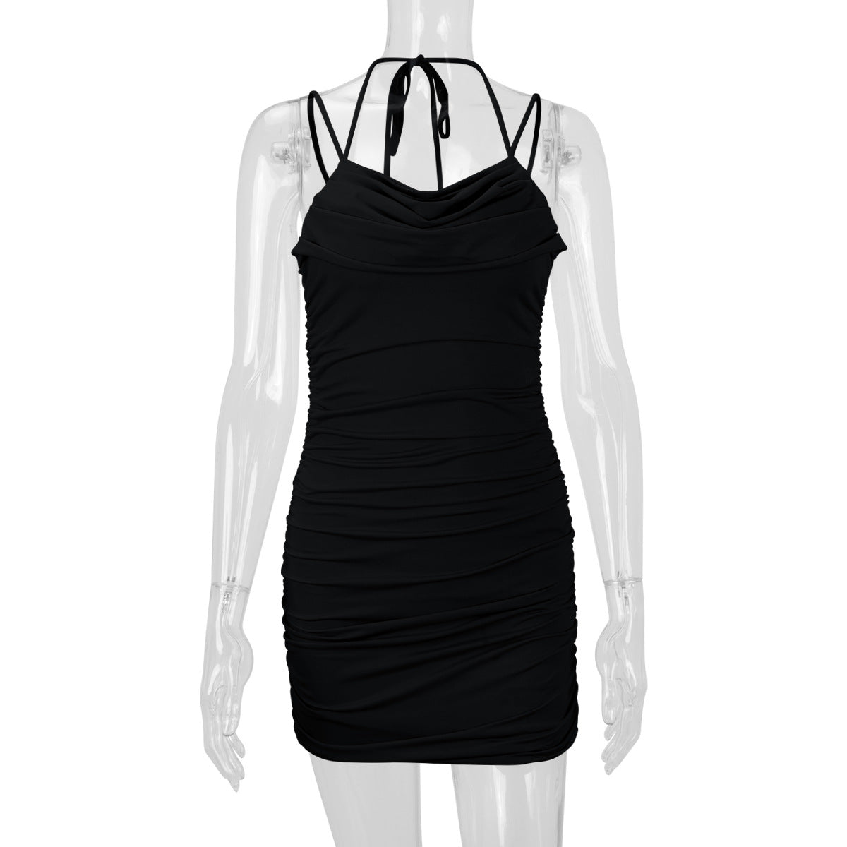 Women Clothing Sexy Double Shoulder Strap Pleated Slim Sexy Dress