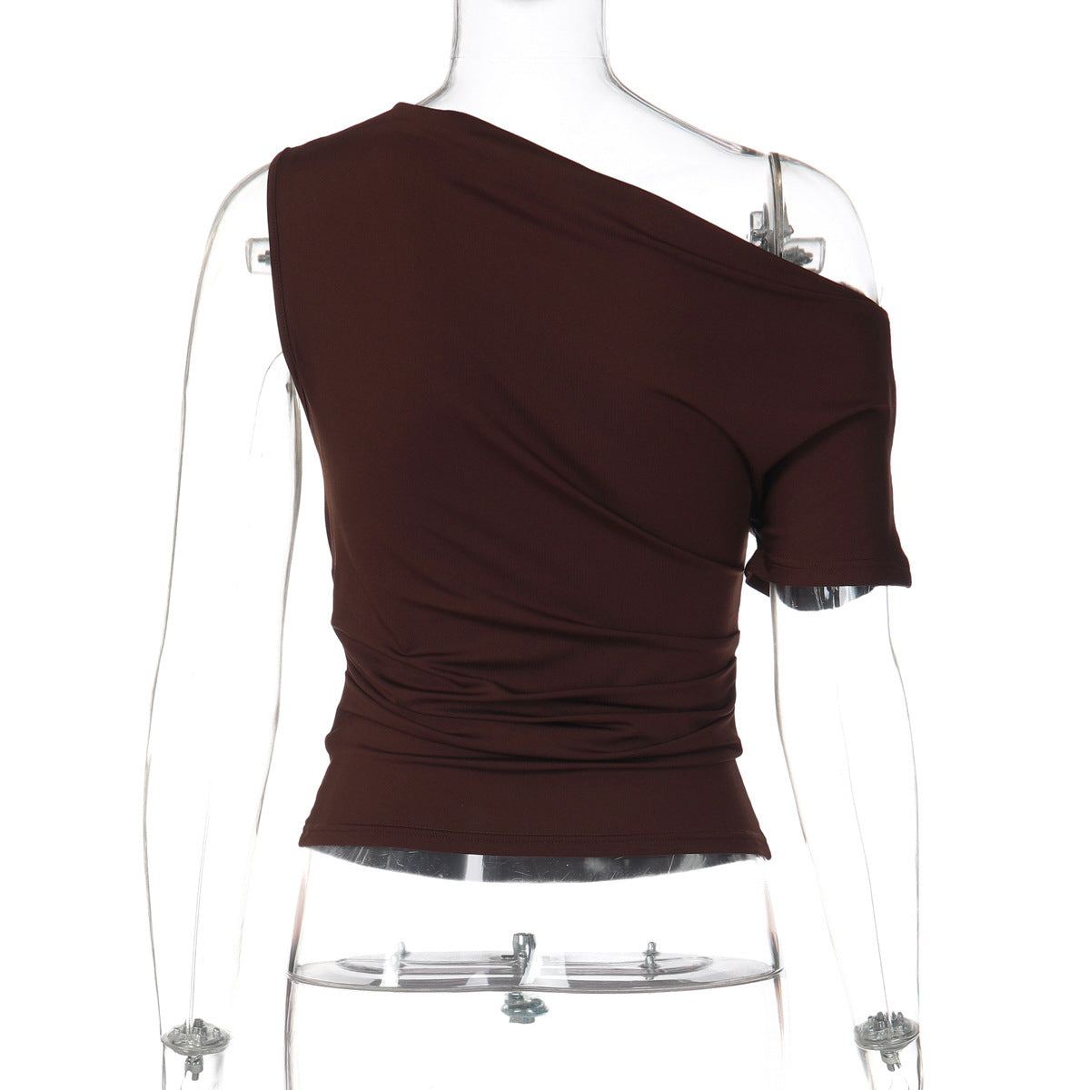 Women Clothing Spring Summer Solid Color Simple One Shoulder Pleated Slim T shirt Top