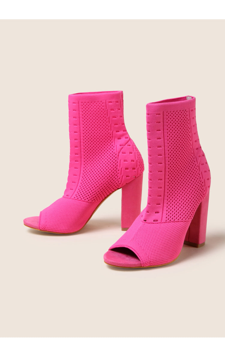 Women Shoes Street Date Knitted Peep Toe round Head Chunky Heel Women High Heel Sandals