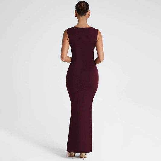 Women Clothing Spring Summer Slim Fit Square Collar Sleeveless Waist Slimming Dress