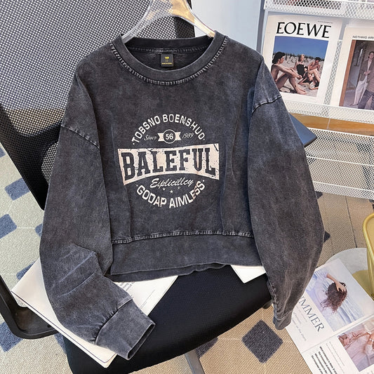 Washed Distressed Long T Shirt Women Washed Vintage Heavy Cotton O Neck Short Sweatshirt