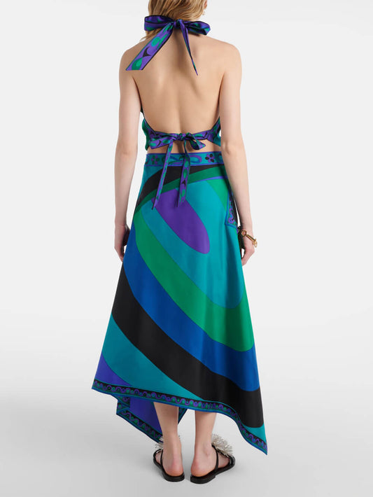 Printed Satin Halter Backless Top Irregular Asymmetric Skirt Two Piece Sets