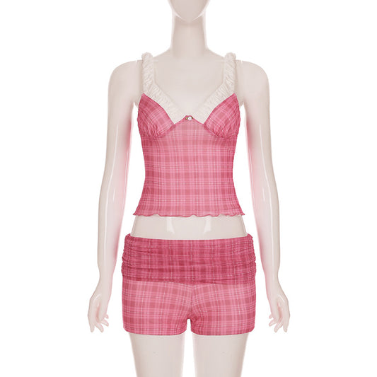Vacation Casual Plaid Contrast Color Chest Shape Pleated V neck Suspender Shorts Sexy Two Piece Sets