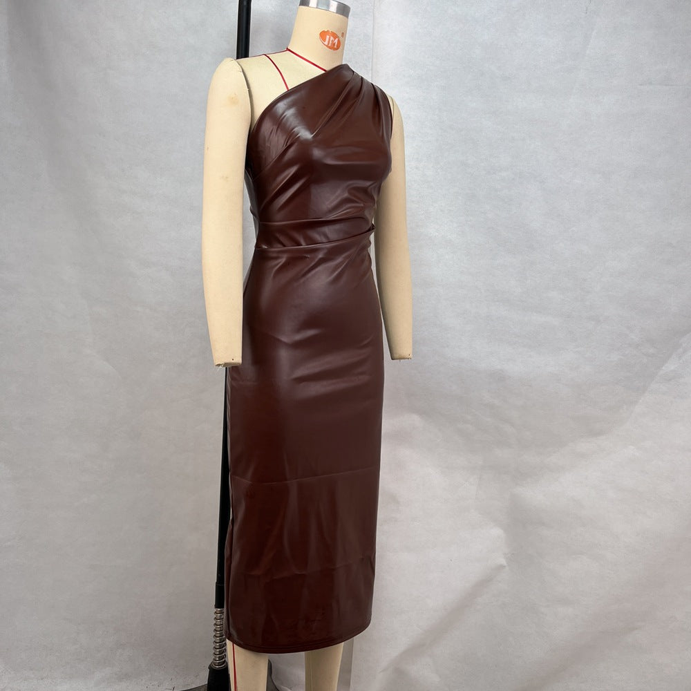 Women Clothing Tight Wrapped Chest Shoulder Faux Leather Dress Sexy Nightclub Dress