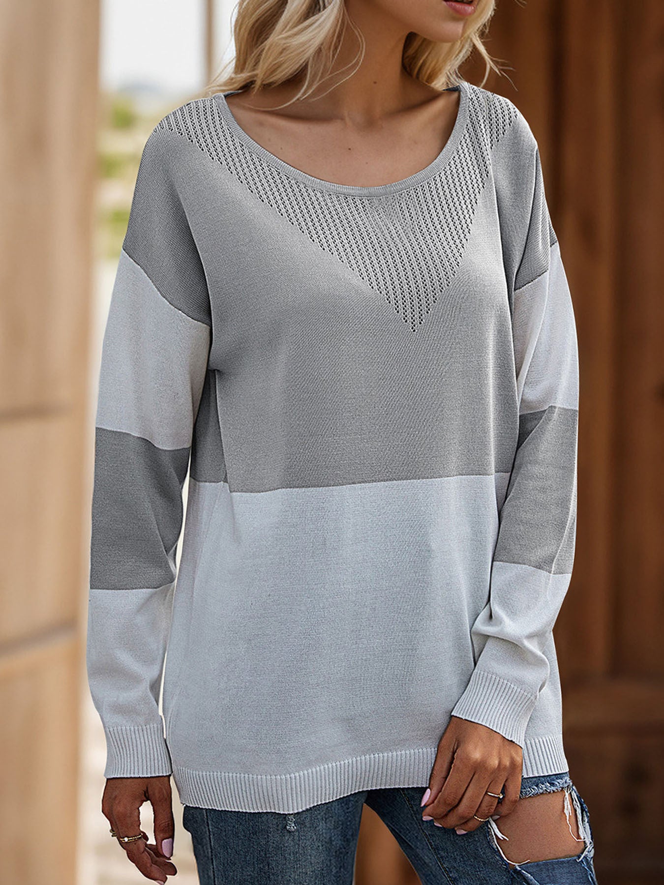 Loose Round Neck Base See through Mesh Knitted Sweater Women Casual Autumn