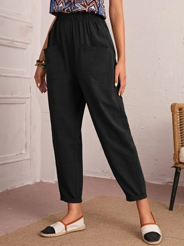 Four Seasons Cotton Linen Cropped Pants Elastic Waist Casual Pants Diagonal Pocket Skinny Pants Women