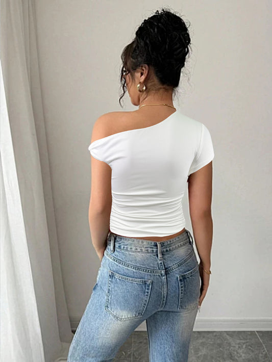 Summer Shoulder Collar Sexy Top Slimming Pleated Cropped Exposed Sexy Women Clothing