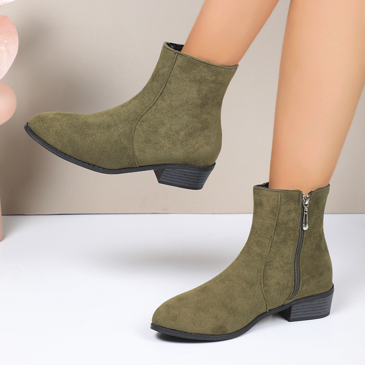 Suede Short Martin Boots Women Thick Heel with British Side Thin Coat with Zip Ankle Boots