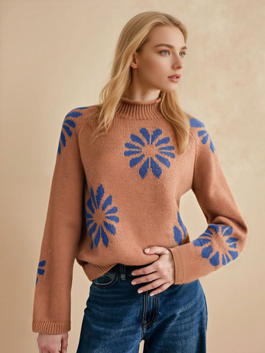 Autumn Winter Casual Clothes Long Sleeve round Neck Floral Sweater Women Loose
