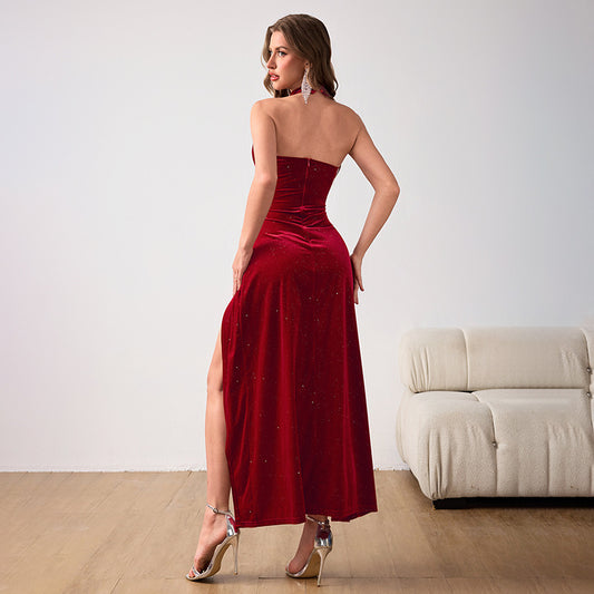 Autumn Socialite Halter Sleeveless Velvet Shiny Split Slimming Dress